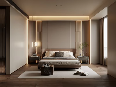 Modern Bedroom Interior With Bed Pillows Nightstands Lighting And Wooden Flooring 3d model