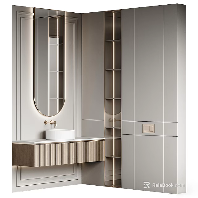 Modern Minimalist Bathroom Featuring White Ceramic Washbasin Oval Mirror Wooden Cabinet and Open Shelves 3d model 