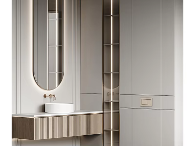 Modern Minimalist Bathroom Featuring White Ceramic Washbasin Oval Mirror Wooden Cabinet and Open Shelves 3d model