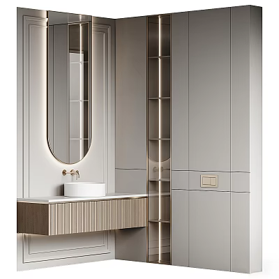 Modern Minimalist Bathroom Featuring White Ceramic Washbasin Oval Mirror Wooden Cabinet and Open Shelves 3d model