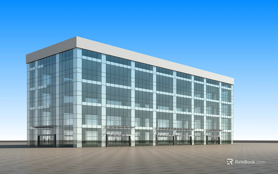 Modern Glass Commercial Building With Clear Window Facade And Blue Sky Background 3d model 