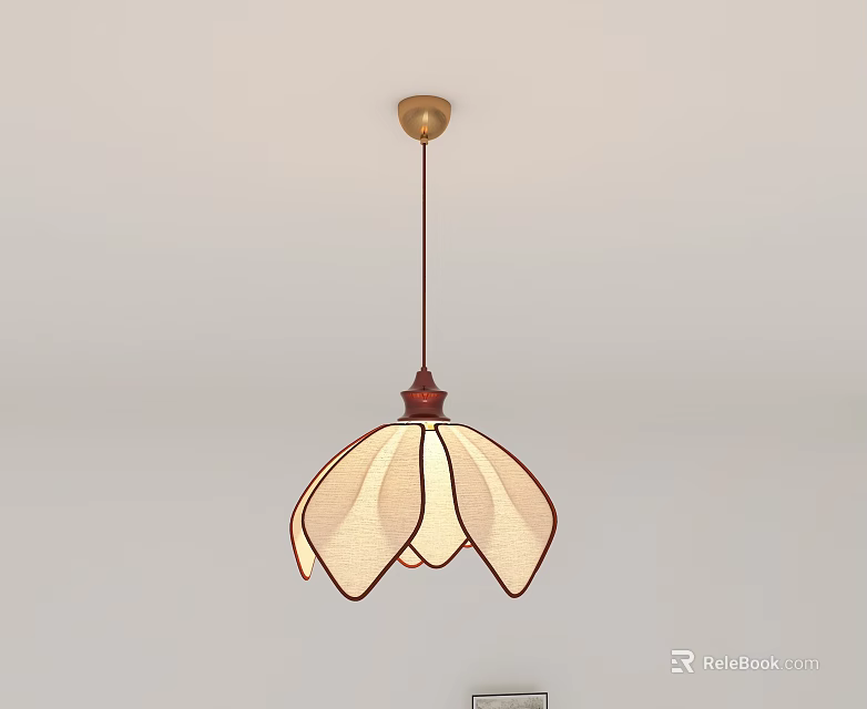 Modern Decorative Chandelier With Petal Shaped Cream Lampshade Golden Ceiling Base And Brown Hanging Cord 3d model 