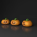 Three Carved Pumpkins With Smiling Faces And Green Stems On Dark Background