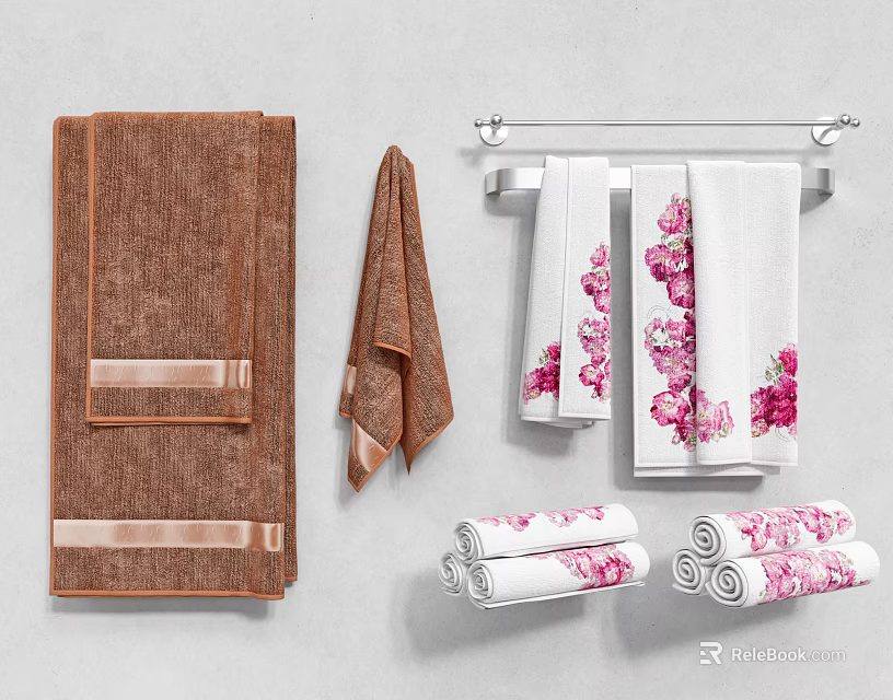 Essential Bathroom Accessories Including Brown Bath Towels White Floral Hand Towels And Towel Rack 3d model 