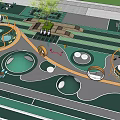 Green Children's Playground With Circular Curved Slides Swings Trees And Seating Areas