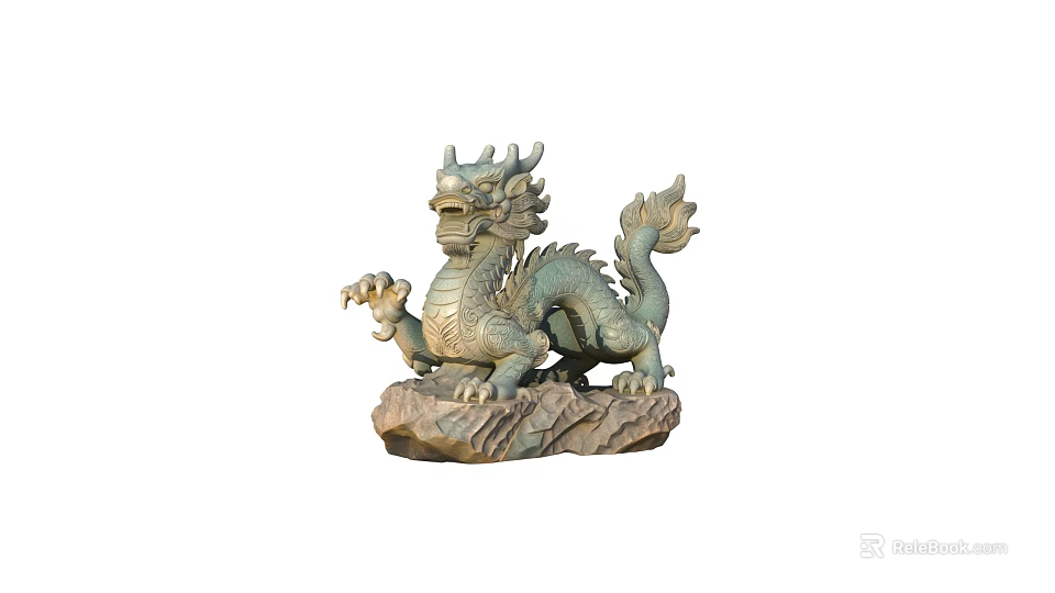 Detailed Mythical Dragon Sculpture Carved In Bronze With Clawed Feet And Stone Base 3d model 