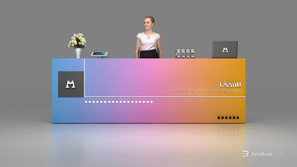Gradient Blue Pink Orange Reception Desk With Flower Vase Tablet Laptop M Logo 3d model 