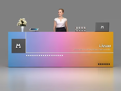 Gradient Blue Pink Orange Reception Desk With Flower Vase Tablet Laptop M Logo 3d model