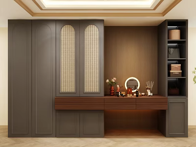 Modern Dark Gray Wardrobe With Louvered Doors Wooden Countertop Decorative Items On Wooden Wall 3d model
