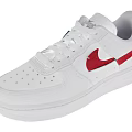 White Sports Shoes With Red Nike Logo Blue Heel Detail And Lace Up Design