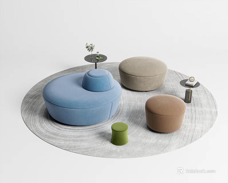 Casual Sofa Set Including Blue Round Sofa Beige Brown Green Ottomans And Round Area Rug 3d model 