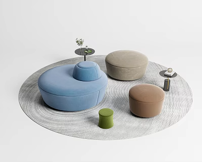 Casual Sofa Set Including Blue Round Sofa Beige Brown Green Ottomans And Round Area Rug 3d model