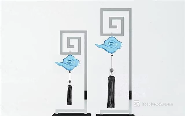 Two Piece Decorative Ornament Set With Greek Key Frames Blue Cloud Pendants And Black Tassels 3d model 