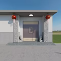 Traditional Courtyard Landscape With Red Roof White Building Paved Ground Lantern Lamps And Potted Plants