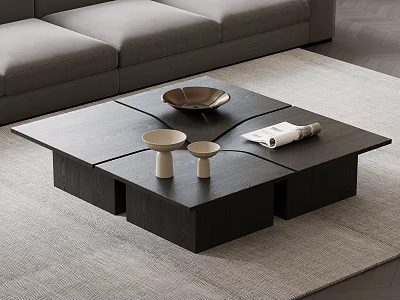Modern Dark Wooden Coffee Table With Metal Bowl White Candle Holders And Magazine 3d model