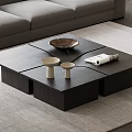 Modern Dark Wooden Coffee Table With Metal Bowl White Candle Holders And Magazine