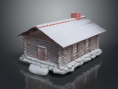 Cozy Log Cabin with Snow Covered Sloped Roof Red Chimney Log Walls and Windows 3d model