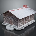 Cozy Log Cabin with Snow Covered Sloped Roof Red Chimney Log Walls and Windows