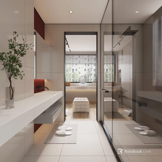 Modern Minimalist Bathroom Interior With Vanity Glass Shower And Plant 3d model 