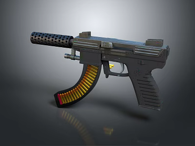 Modern Tactical Pistol With Gray Body Yellow Red Magazine And Perforated Design 3d model