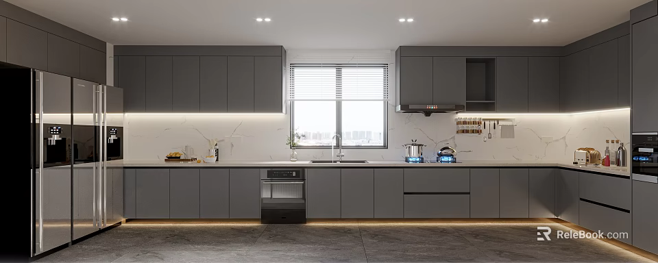 Modern Kitchen Interior With Grey Cabinets Marble Countertop Window And Appliances 3d model 
