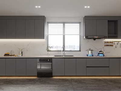 Modern Kitchen Interior With Grey Cabinets Marble Countertop Window And Appliances 3d model