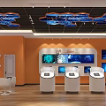 Modern Tech Exhibition Hall Interior With Orange Walls Blue Ceiling Decor And Interactive Pods 3d model