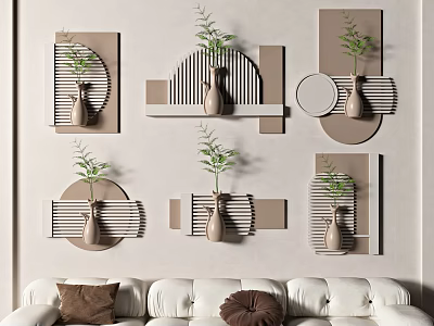 Geometric Wall Decor With Vase And Greenery In Modern Living Room 3d model