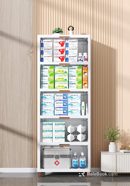 Organized White Medicine Cabinet Storage With Various Medical Supplies On Wooden Shelves 3d model 