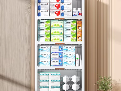 Organized White Medicine Cabinet Storage With Various Medical Supplies On Wooden Shelves 3d model
