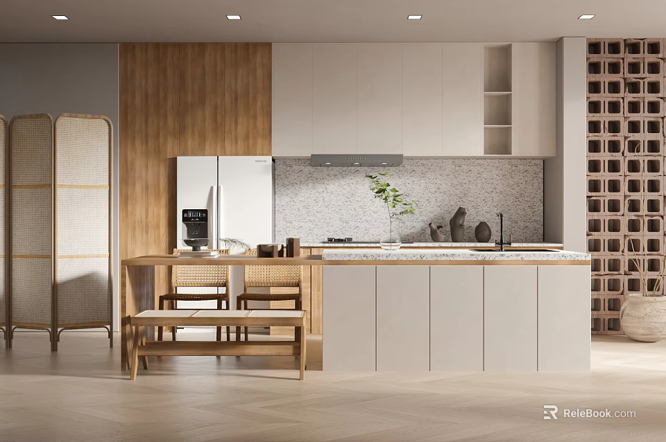 Modern Open Concept Restaurant Interior With Wooden Dining Table And Pendant Lighting Design 3d model 