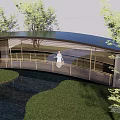 Modern Bridge with Wooden Railing Canopy Structure and Person Standing Surrounded by Trees Over Water