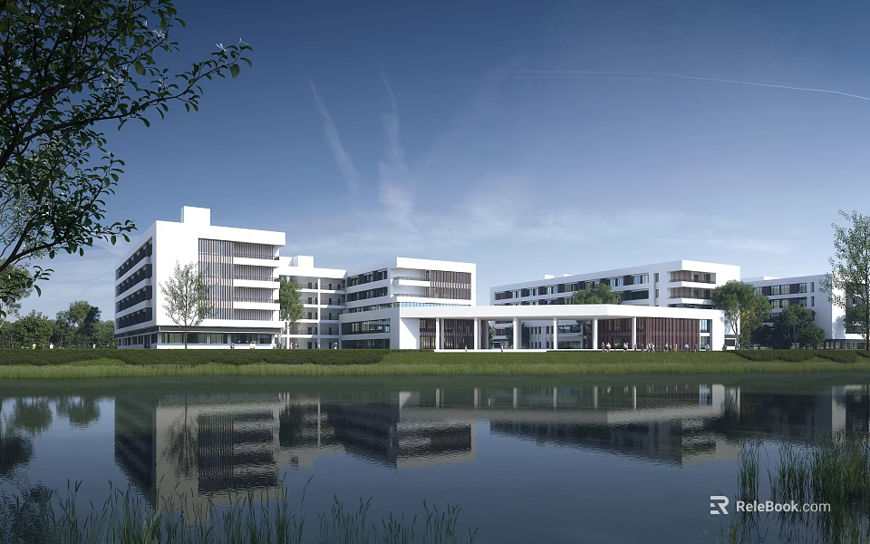 Modern White Multi Storey School Building With Lake Reflection Green Trees And Blue Sky 3d model 