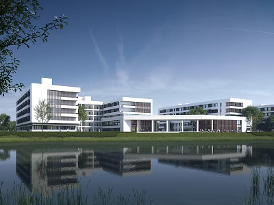 Modern White Multi Storey School Building With Lake Reflection Green Trees And Blue Sky 3d model