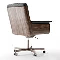 Modern Black Leather Office Chair With Wooden Armrests Metal Base And Swivel Wheels