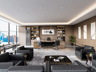 Modern Spacious Office Interior With Floor to Ceiling Windows Bookshelves Desk Sofas and City View 3d model