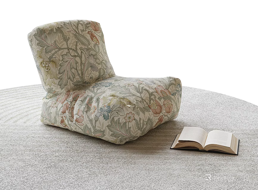 Cozy Floral Pattern Bean Bag Chair with Open Book on Soft Indoor Carpet 3d model 