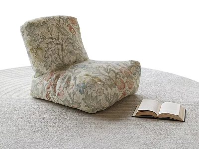 Cozy Floral Pattern Bean Bag Chair with Open Book on Soft Indoor Carpet 3d model