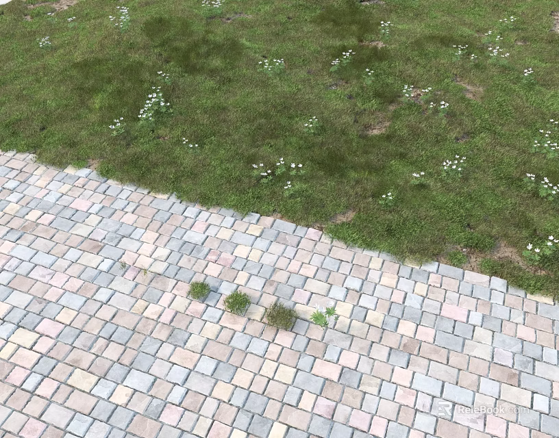 Small White Flowers Growing In Green Grass Along Colorful Brick Pathway 3d model 