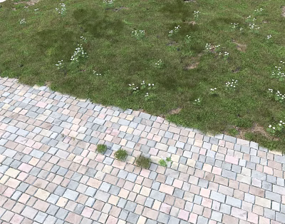 Small White Flowers Growing In Green Grass Along Colorful Brick Pathway 3d model