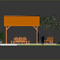 Cartoon Scene of Outdoor Area With Orange Pavilion Bench Table People Pool and Plants
