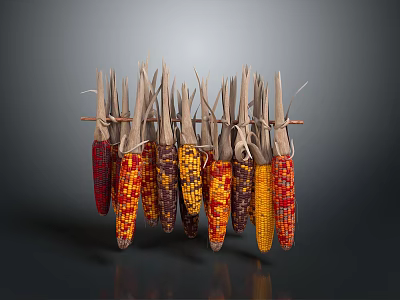 Wooden Clothespins Holding Colorful Decorative Corn Ears On Dark Background 3d model