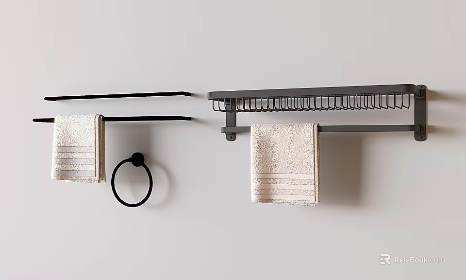 Bathroom Accessories Black Towel Rack Towel Ring and Shelf with Beige Striped Towels 3d model 