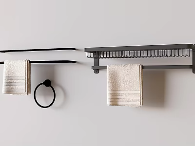 Bathroom Accessories Black Towel Rack Towel Ring and Shelf with Beige Striped Towels 3d model