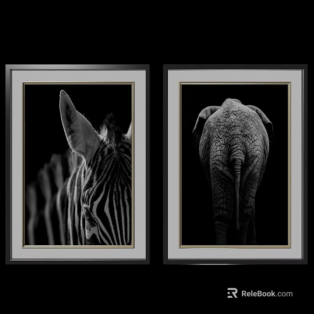 Modern Storage Cabinet With Framed Black White Zebra Elephant 3d model 