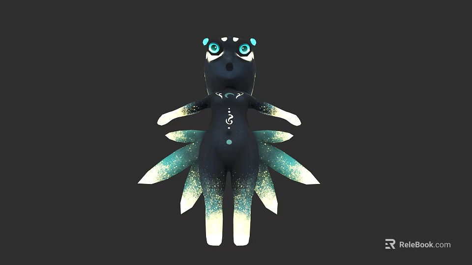 Magical Black Character Creature Hybrid Featuring Blue Eyes Turquoise Sparkling Petal Appendages 3d model 
