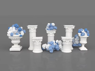 Decorative Ornament Set With White Columns Ceramic Vases And Blue White Flowers 3d model