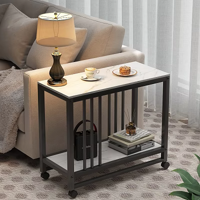 Modern Side Table with Marble Top Black Metal Frame Wheels and Table Lamp Next to Sofa 3d model