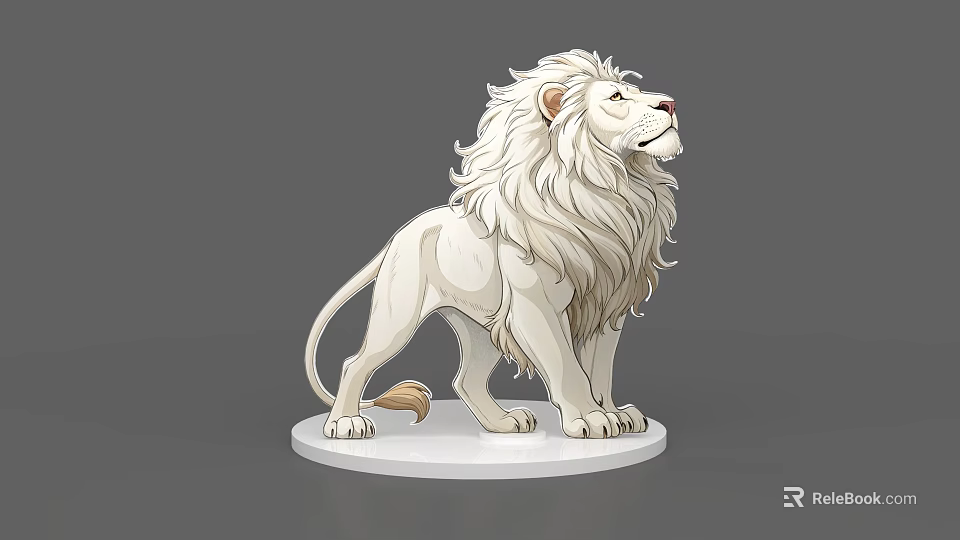 White Lion Sculpture Standing On White Circular Base With Gray Background 3d model 
