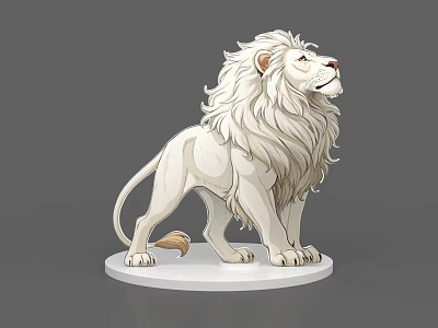 White Lion Sculpture Standing On White Circular Base With Gray Background 3d model